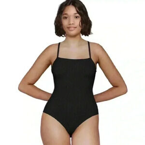 Freely Academy Ring Back One Piece Swimsuit Ribbed Knit Black XL New
